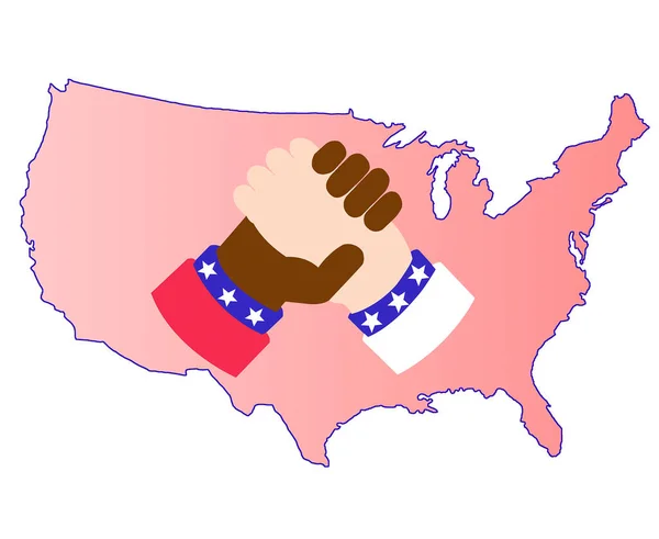Handshake Hands White Black Race Isolated Contour Map United States — Stock Photo, Image