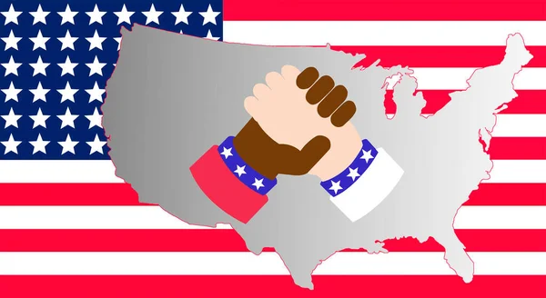 白人和黑人的手被孤立在美国的等高线地图上 关于美国国旗背景的说明 — 图库照片
