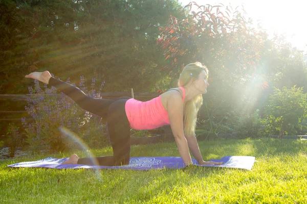 Healthy Lifestyle Concept Young Woman Does Work Out Sunset Greenery — Stock Photo, Image