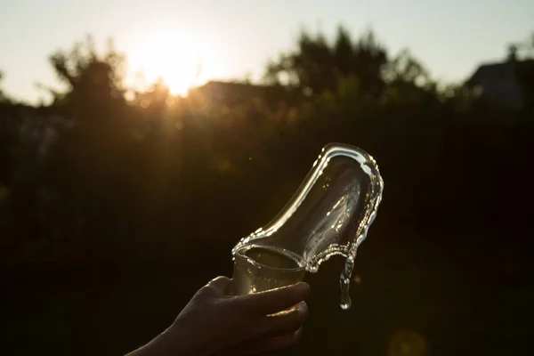 Splash Water Glass Flying Water Glass Water Man Hand Sunset — Stock Photo, Image