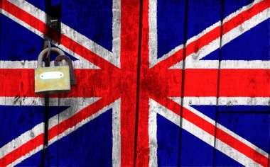 Büyük Britanya Bayrağı 'nın dokusunda. Şablon. Koronavirüs salgını. Ülkeler kapalı. Kilitler.