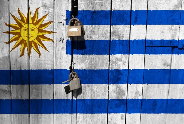 Flag Uruguay Texture Template Coronavirus Pandemic Countries Closed Locks — Stock Photo, Image