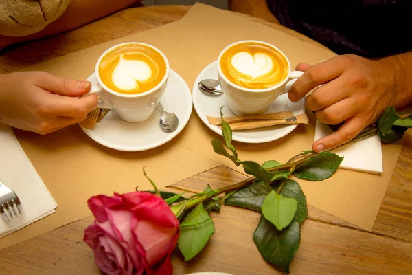 Love Stories Cup Coffee Wooden Table Heart Surface Rose Given — Stock Photo, Image