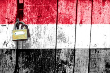 Yemen bayrağı dokuda. Şablon. Koronavirüs salgını. Ülkeler kapalı olabilir. Kilitler.