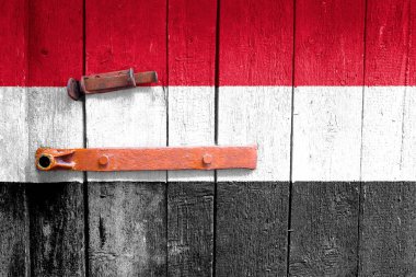 Yemen bayrağı dokuda. Şablon. Koronavirüs salgını. Ülkeler kapalı olabilir. Kilitler.