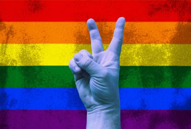 LGBT. Gökkuşağı arka planında zafer jesti. Şablon. Tasarımcı için içerik.