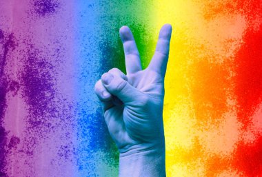 LGBT. Gökkuşağı arka planında zafer jesti. Şablon. Tasarımcı için içerik.