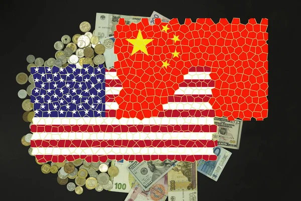 USA and China flag mosaic. Flags are in front of banknotes and coins. The concept of relations between countries.