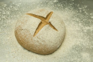 Ekmek yapma süreci. Şef hamuru elle yoğurur. Hamur pişirmeye hazır..