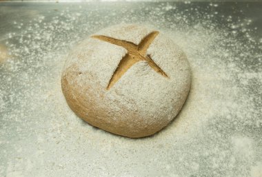 Ekmek yapma süreci. Şef hamuru elle yoğurur. Hamur pişirmeye hazır..