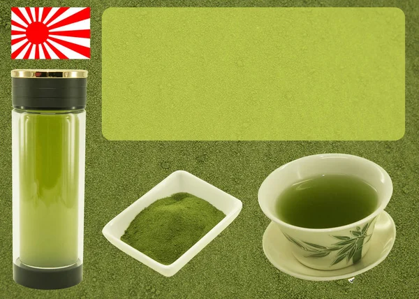 Japanese tea. Macha green tea. Blank for label or design on tea background before preparation. Content for the designer.
