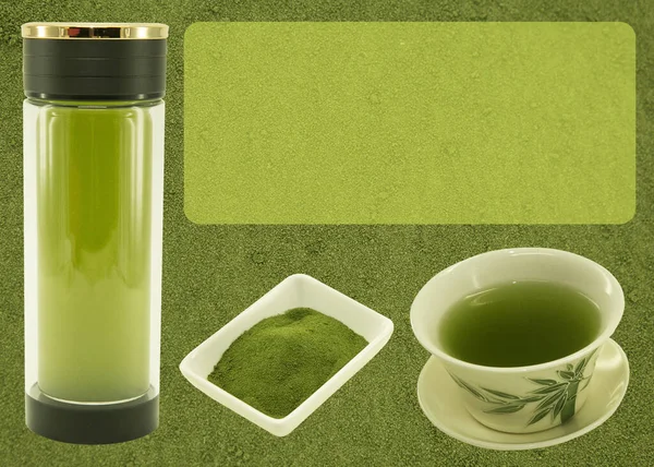 Japanese tea. Macha green tea. Blank for label or design on tea background before preparation. Content for the designer.