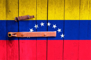 Venezuela bayrağı dokuda. Şablon. Koronavirüs salgını. Ülkeler kapalı olabilir. Kilitler.