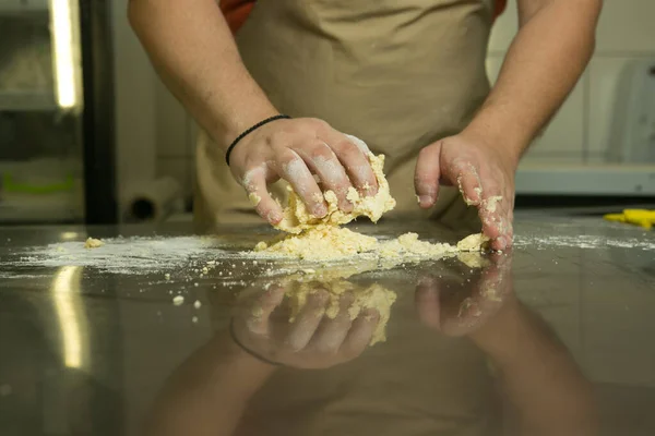 Production Process Sweet Pastries Fruits Chef Makes Baking Dough Hand — Stock Photo, Image