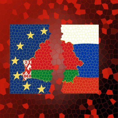 Belarus bayrağı ülkenin sınır haritasına kazınmıştır. Avrupa Birliği ve Rusya 'nın bayraklarının arkaplanındaki harita.