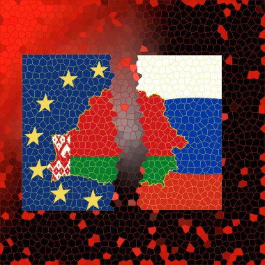 Belarus bayrağı ülkenin sınır haritasına kazınmıştır. Avrupa Birliği ve Rusya 'nın bayraklarının arkaplanındaki harita.