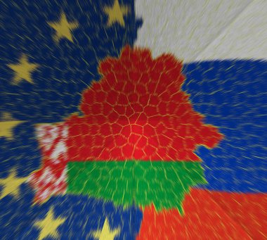 Belarus bayrağı ülkenin sınır haritasına kazınmıştır. Avrupa Birliği ve Rusya 'nın bayraklarının arkaplanındaki harita.