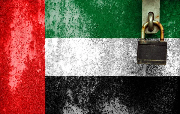 United Arab Emirates flag is on texture. Template. Coronavirus pandemic. Countries may be closed. Locks.
