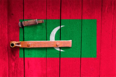 Maldivler bayrağı dokuda. Şablon. Koronavirüs salgını. Ülkeler kapalı olabilir. Kilitler.