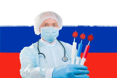 Coronavirus aşısı. Rus virologlar koronavirüse karşı bir aşı geliştirdiler. Bilim adamları virüsten kurtuldukları için seviniyorlar. Fotoğraf, Rus bayrağının arka planına karşı..