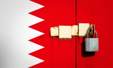 Bahreyn bayrağı dokuda. Şablon. Koronavirüs salgını. Ülkeler kapalı olabilir. Kilitler.