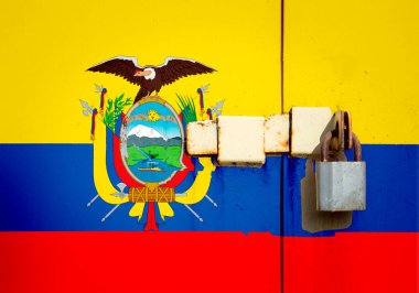 Ekvador bayrağı dokuda. Şablon. Koronavirüs salgını. Ülkeler kapalı olabilir. Kilitler.