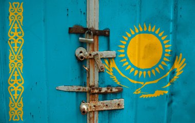 Dokuda Kazakistan bayrağı var. Şablon. Koronavirüs salgını. Ülkeler kapalı olabilir. Kilitler.