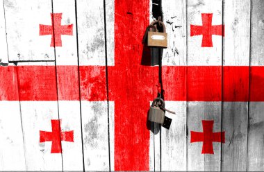 Gürcistan bayrağı dokuda. Şablon. Koronavirüs salgını. Ülkeler kapalı olabilir. Kilitler.