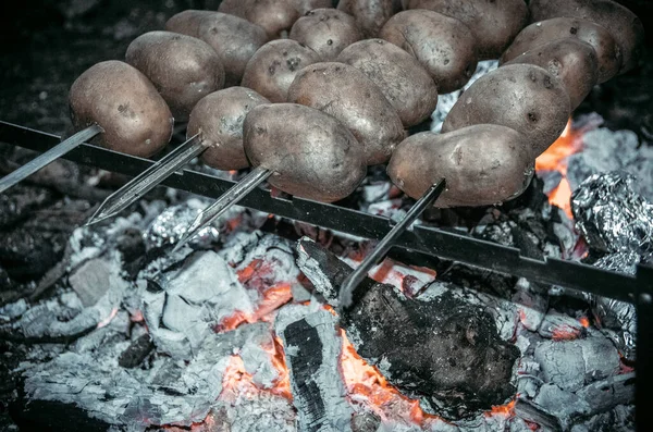 Piknik Ételt Főzni Egy Nyílt Tűz Felett Catofel Nyárson Kempingezés — Stock Fotó