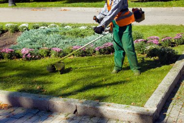 Parkta sonbahar çalışması. Bahçıvan kıştan önce çimleri biçer..