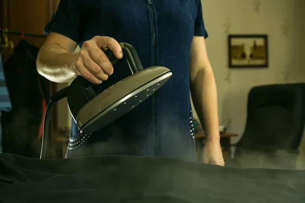 Homework Woman Ironing Linen Steam Iron Steam Jet Clearly Visible — Stock Photo, Image