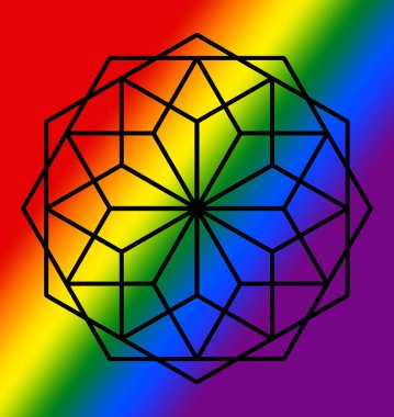 Örümcek ağı altıgen 'i. İş logosu. Tasarımcı için içerik. Gökkuşağı eğimli arka planda siyah bir şekil. LGBT içeriği.