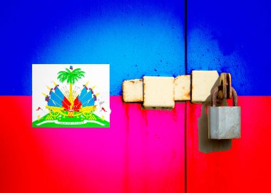 Haiti Cumhuriyeti bayrağı doku üzerine kurulu. Şablon. Koronavirüs salgını. Ülkeler kapalı olabilir. Kilitler.