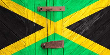 Jamaika bayrağı dokuda. Şablon. Koronavirüs salgını. Ülkeler kapalı olabilir. Kilitler.