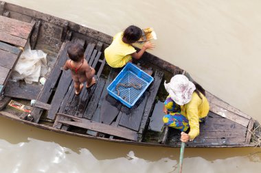 Üstten görünüm Tonle Sap Gölü üzerindeki yüzen köyü. Siem Reap Kamboçya