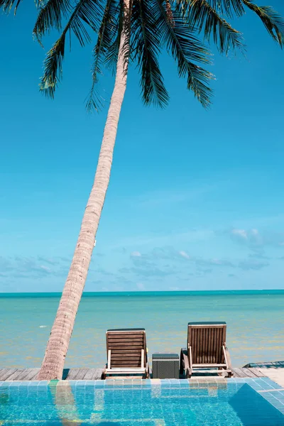 Cadeiras Praia Sob Coqueiro Perto Conceito Férias Mar — Fotografia de Stock