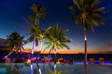 Gün batımı ve ışık aydınlatma palmiye ağacı üzerinde izlerken plaj sandalyesini insanlar