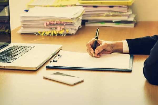 Business Sucessful Hand Signing Contract Form Wooden Desk Office — Stock Photo, Image