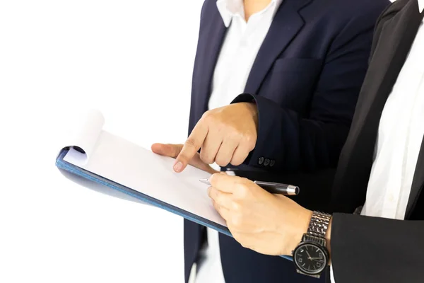 Businesspeople One Person Hand Pointing Document Another Signing Contract — Stock Photo, Image