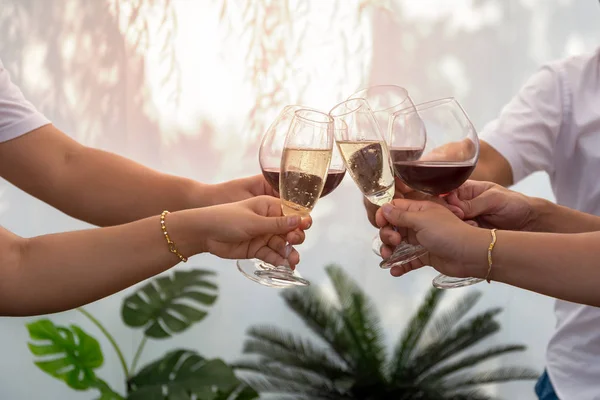 Group Friends Raising Toast Glasses Red Wine Outdoor Summer — Stock Photo, Image