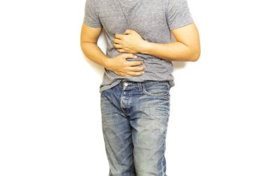 adam onun ağrıyan göbek izole sağlık kavramı tutan mide ağrısı el ile