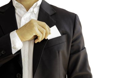 Kartvizit onun takım elbise cep yalıtılmış clpping yolundan yaptırmayı işadamı.