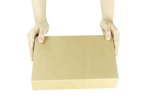 Female hand with brown parcel box isolated in clipping path. — Stock Photo, Image