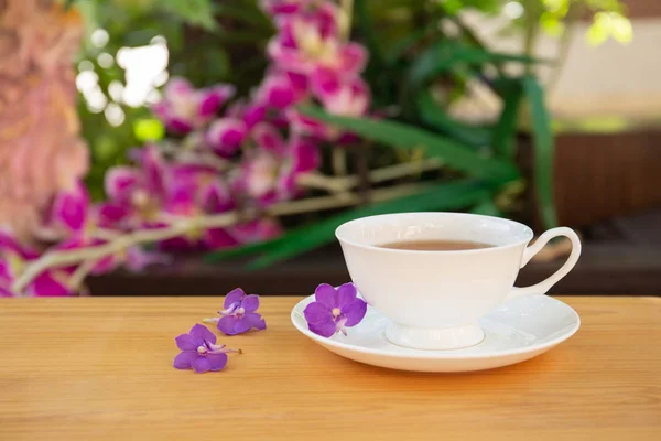 Чашка чаю з фіолетовою квіткою на дерев'яному столі в саду . — стокове фото
