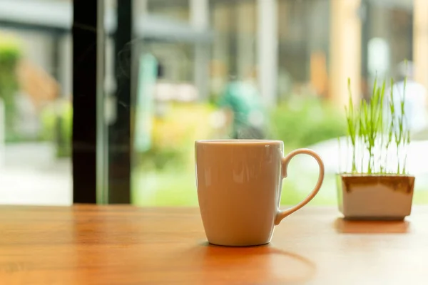 White ceramics coffee mug with smoke and small plant on wooden table in cafe. — Stockfoto