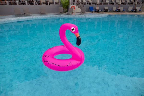 Inflatable pink flamingo in swimming pool. Summer vacation. — Stock Fotó