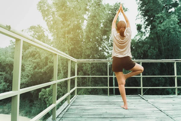 Mujer Haciendo Ejercicio Yoga Por Mañana Con Fondos Naturales — Foto de Stock