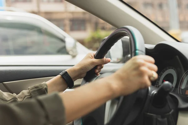 Female Hands Steering Wheel Car While Driving Road — Stock Photo, Image