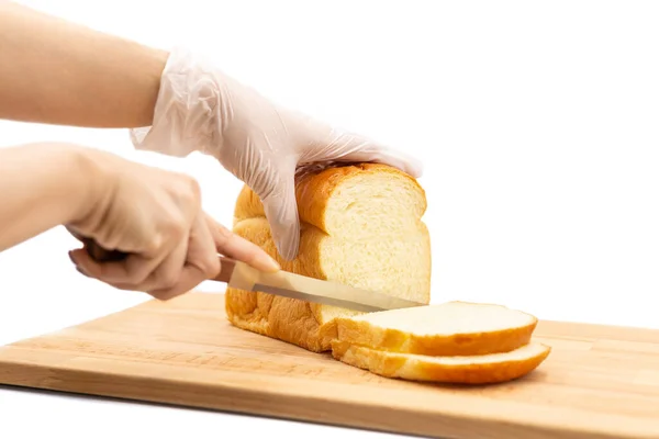 Hand Cutting Homemade Japanese Hokkaido Bread Wooden Board Isolated — Stock Photo, Image