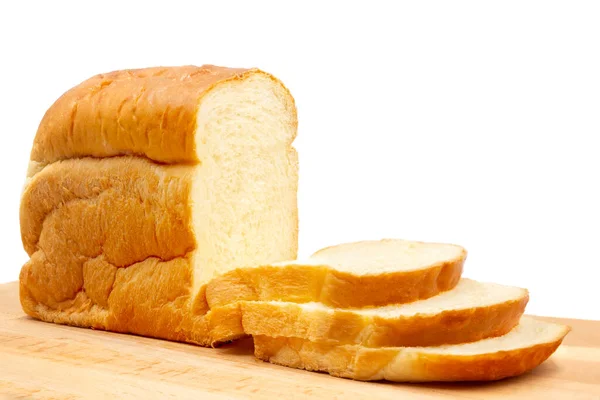 Zelfgemaakt Japans Hokkaido Brood Plakjes Houten Plaat Geïsoleerd — Stockfoto